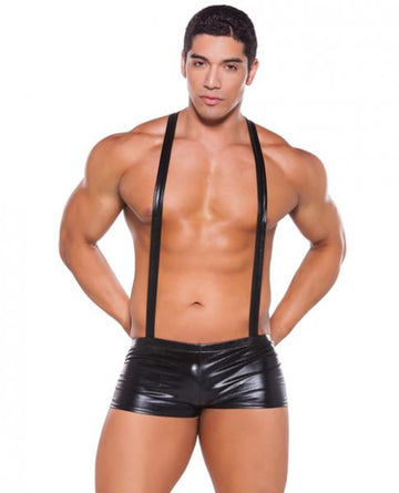 Wet Look Suspender Shorts Black O/S