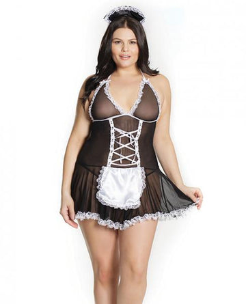 Fashion French Maid Chemise Attached Apron & Headpiece Black White Qn