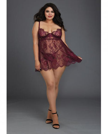 Lace Babydoll Underwire Cups & Thong Purple 1X