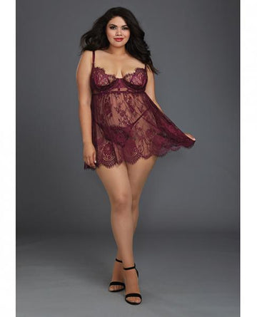 Lace Babydoll Underwire Cups & Thong Purple 2X