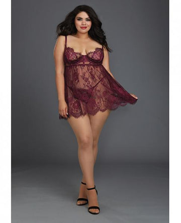 Lace Babydoll Underwire Cups & Thong Purple 3X