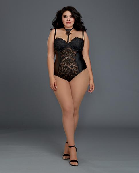 Venice Lace, Faux Leather Teddy Snap Crotch Black 2X