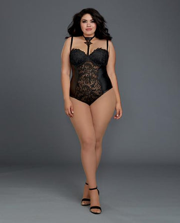 Venice Lace, Faux Leather Teddy Snap Crotch Black 3X