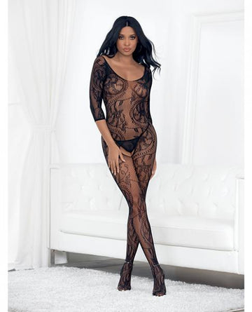 Lace 3/4 Sleeve Open Crotch Bodystocking Black O/S