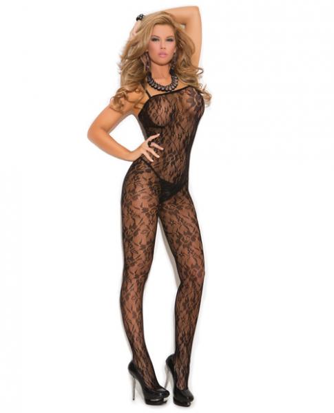 Rose Lace Bodystocking Open Crotch Black O/S