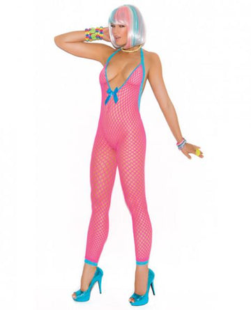 Crochet Bodystocking Peek-A-Boo Back Neon Pink O/S