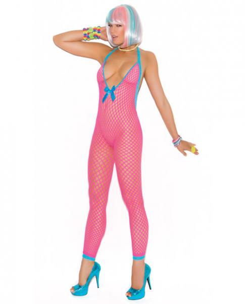 Crochet Bodystocking Peek-A-Boo Back Neon Pink O/S