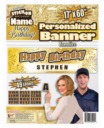 Custom Stick On Happy Birthday Banner Gold Black