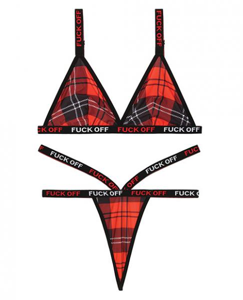 Vibes F*ck Off  Bralette & Thong Set Red Plaid L/XL