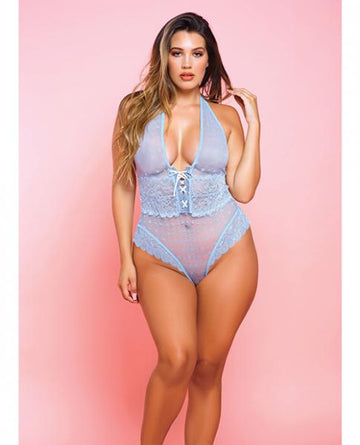 Simone Stretch Lace Mesh Teddy W/cheeky Back Light Blue 2X