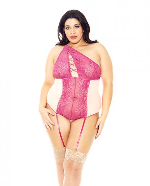 Asymmetrical Lace Teddy with Garters Magenta 1X