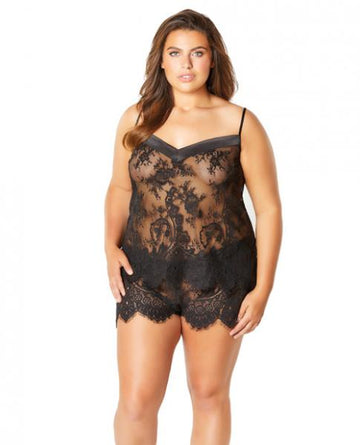 Full Eyelash Lace Camisole & Shorts Satin Edge Black 3X