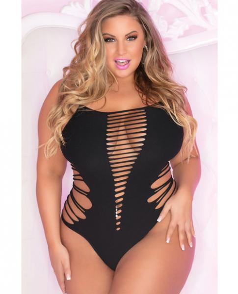 Pink Lipstick Slice & Dice Seamless Bodysuit Black 1X/2X