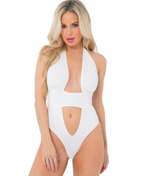 Pink Lipstick Deep Plunge Bodysuit White M/L