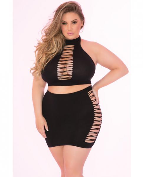 Pink Lipstick Pair Down 2 Piece High Neck Set Black 1X