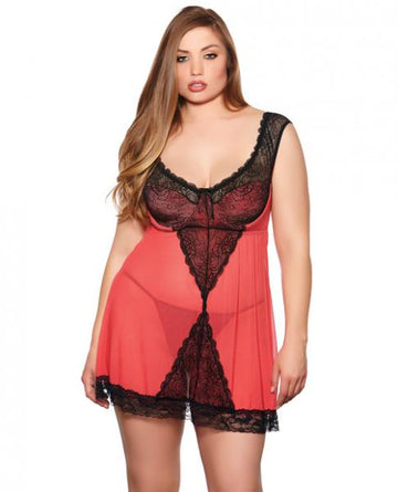 Holiday Lace, Mesh Babydoll & Panty Red Black 2X