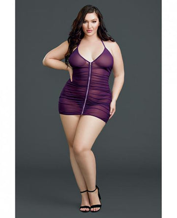 Ruched Front Zipper Chemise with G-String Plum Qn