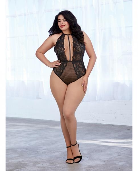 Stretch Lace, Patterned Mesh Teddy Black Qn