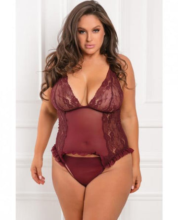 Rene Rofe Grand Finale Ruffle Teddy Burgundy 1X/2X