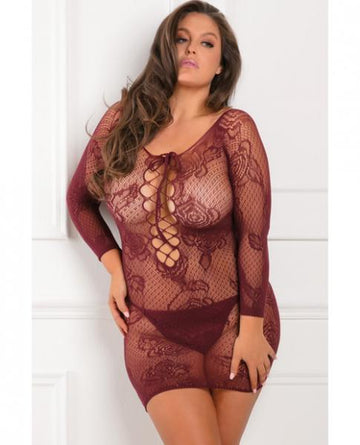 Rene Rofe Tie Breaker Long Sleeve Dress Burgundy 1X