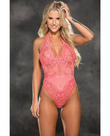 Floral Stretch Lace Mesh Teddy Coral Pink Small