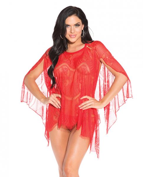 Sheer Lace Poncho with G-String Panty Red Large