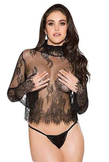 Sheer Lace Long Sleeve Shirt Black XL