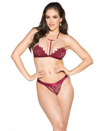 T-Front Floral Applique Bra & Panty Burgundy, Nude Md