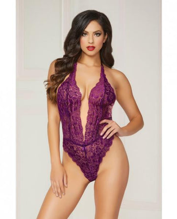 Floral Lace Teddy Halter Ties & Snap Crotch Purple O/S