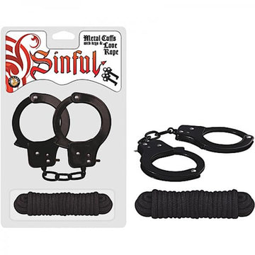 Sinful Metal Cuffs W/keys &amp; Love Rope Black