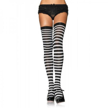 Nylon Stocking with Stripe O/S Black, White