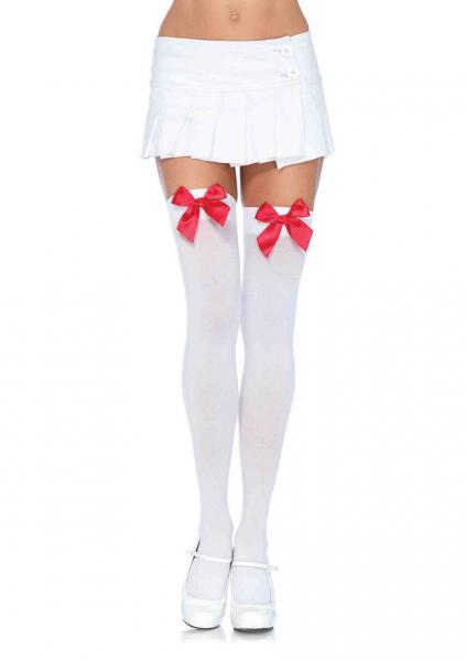 Nylon Over The Knee W/bow O/s White/red