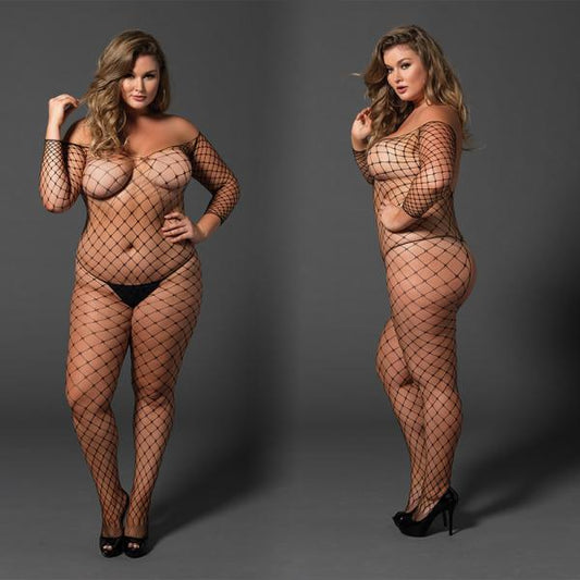 Fence Net Off The Shoulder Bodystocking. Long Sleeved Plus Size Black