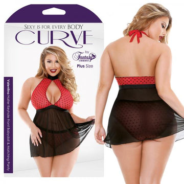 Curve Valentina Halter Keyhole Front Babydoll &amp; Matching Panty Red/black 1x/2x