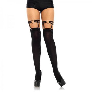 Dual Strap Elastic Thigh High Garter Suspender With Heart O/s Black