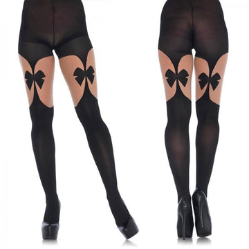 Opaque Illusion Garterbelt Tights With Front &amp; Back Bow O/s Black/nude