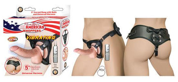 All American Whoppers 5 inches Vibrating Curved Dong &amp; Harness Beige