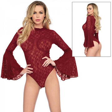 Lace Bell Sleeve Bodysuit O/s Burgundy