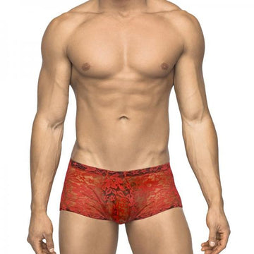 Male Power Stretch Lace Mini Short Red Large