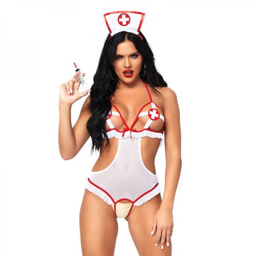 2pc Naughty Nurse, Includes Crotchless Teddy With Peek-a-boo Cups And Matching Headband O/s Wh/rd