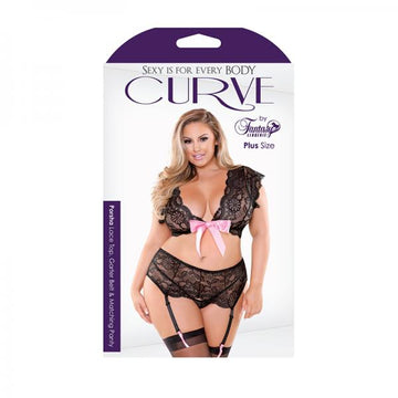 Porsha Ribbon Front Lace Top, Garter Belt, &amp; Panty Black/pink 1x/2x