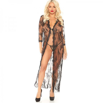 2 Piece Long Lace Robe &amp; Matching G-String Black M/L