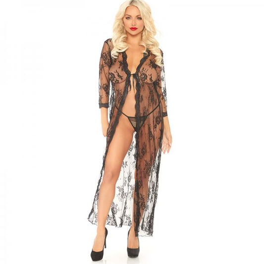 2 Piece Long Lace Robe & Matching G-String Black M/L