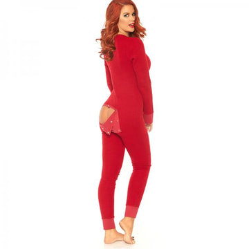 Cozy Brushed Rib Long Johns With Cheeky Snap Closure Back Flap. Red X-large