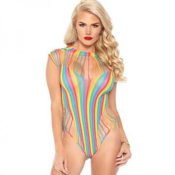 Shredded Opaque Cut Out Teddy With Snap Crotch Rainbow O/s