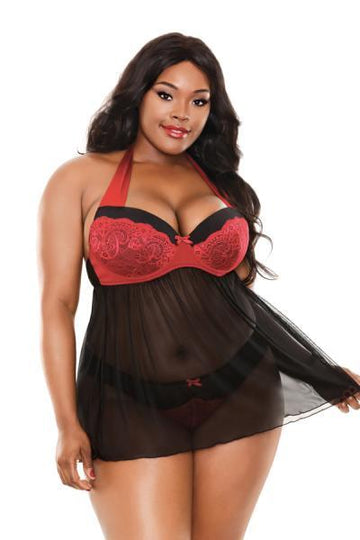 Sophia Halter Babydoll &amp; Panty Black Red 3X/4X