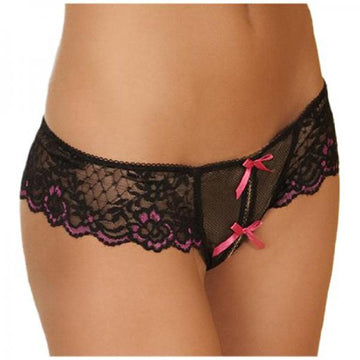 Crotchless Lace Thong W/bows Black 1x/2x