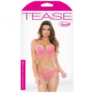 Tease Riley Lace Bra &amp; Gartered Panty Pink M/l