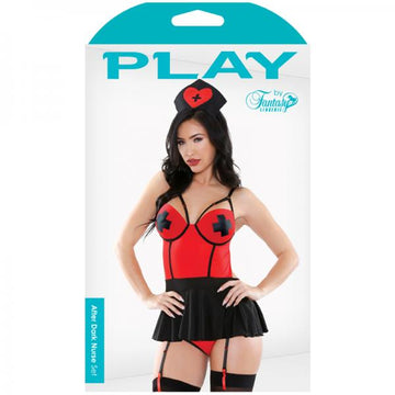 Play After Dark Nurse Costume Set; Medic Hat, Apron Dress &amp; Panty Red/black L/xl