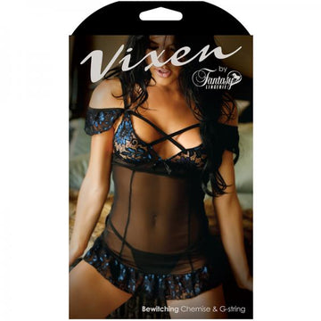 Vixen Bewitching Off Shoulder Cage Chemise &amp; Matching G-string Black/blue One Size